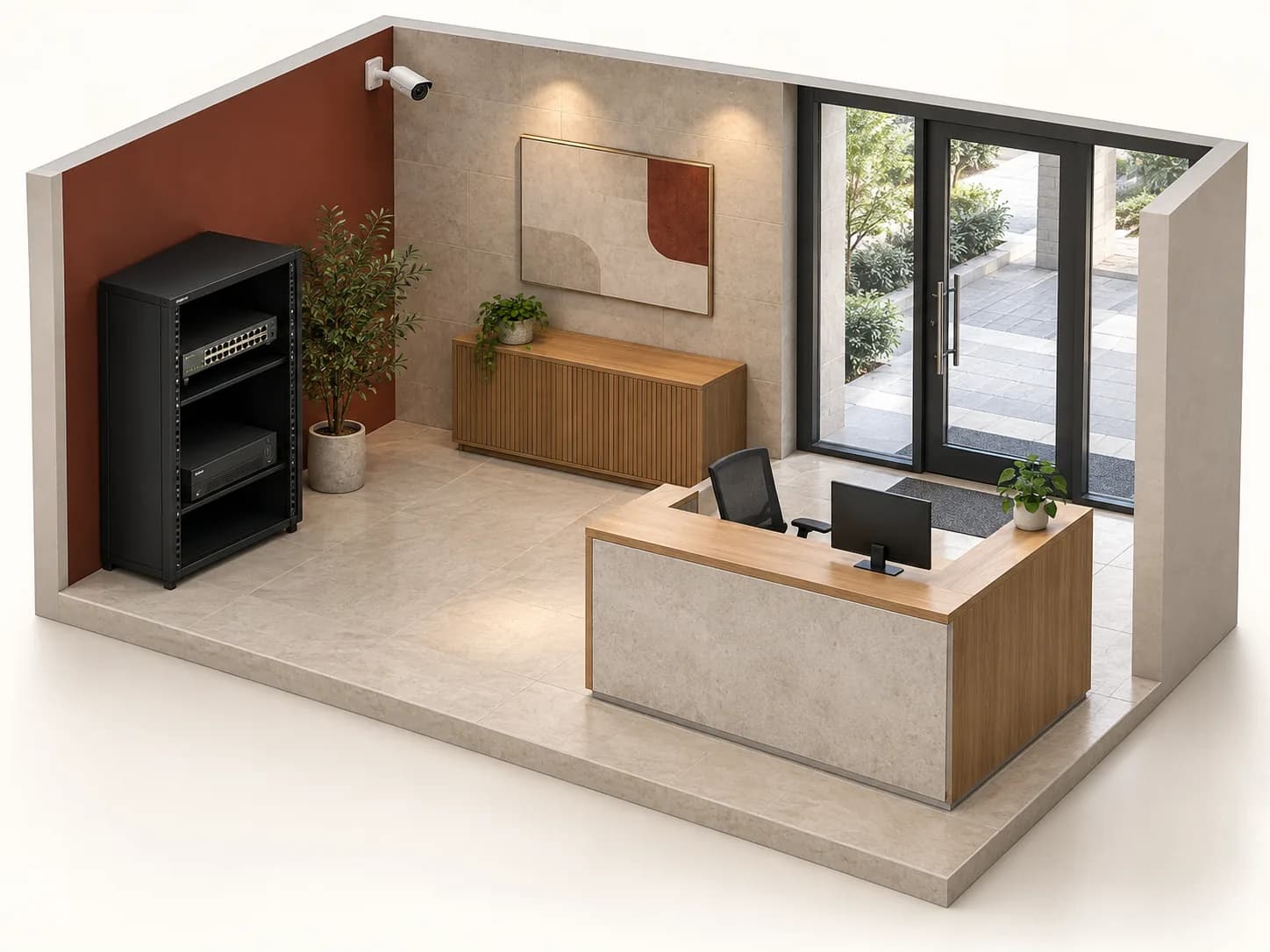 Accueil illustré : caméra en hauteur, switch et enregistreur distincts dans la baie à gauche, poste de consultation à droite.
