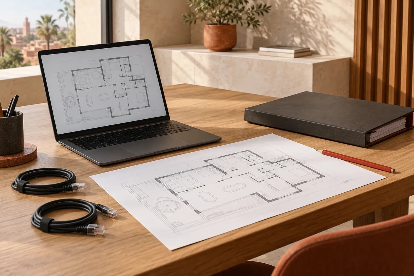 Plan de bâtiment, ordinateur et dossier de préparation sur une table.