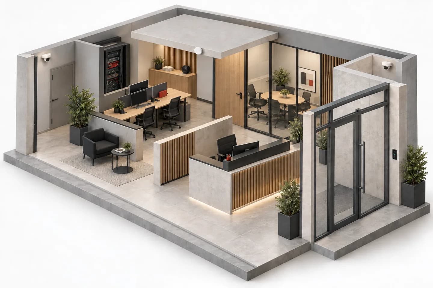 Vue architecturale d’espaces professionnels et de circulation.