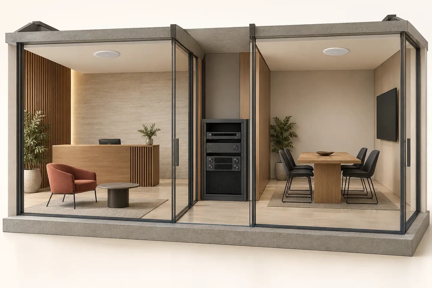 Concept architectural : accueil à gauche, salle de réunion à droite, une enceinte au plafond de chaque pièce et une baie audio au centre.