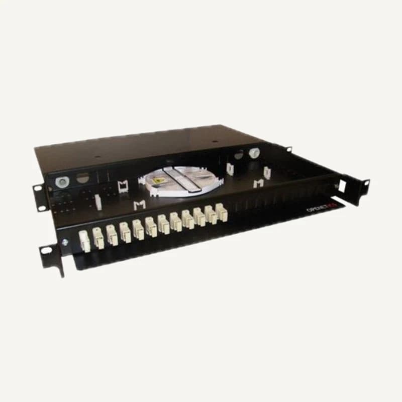 Illustration de gamme — OPN-50403 — Tiroir FO openetics 19 1U 24P LC duplex equipe DE 24 coupleur LC + 24 pigtails LC + 24 smooves LC