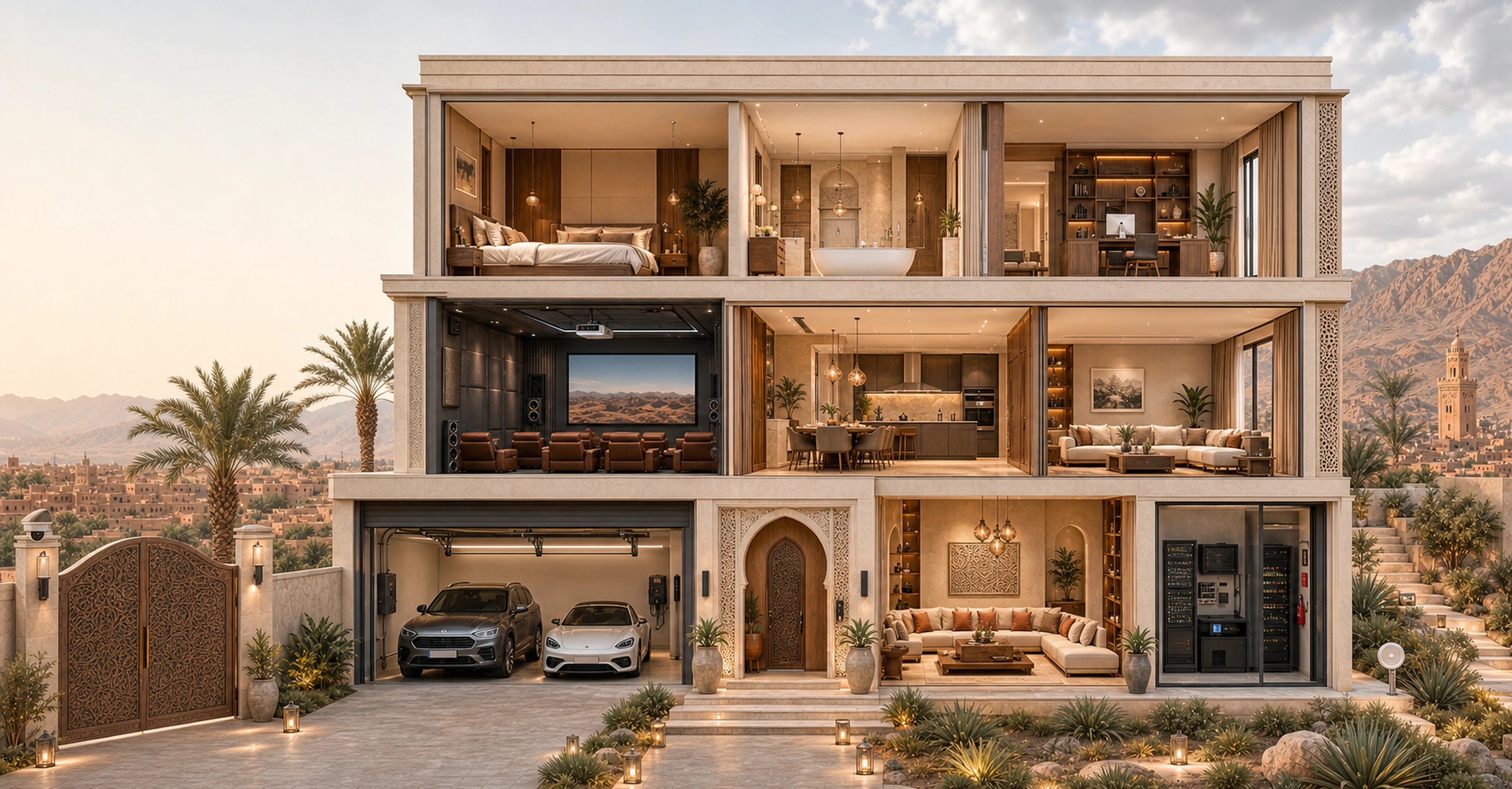 Cutaway smart villa showing living, garage, cinema and technical spaces