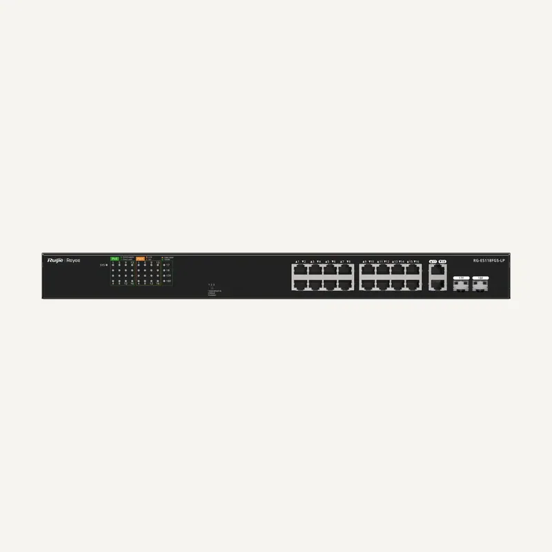 Ruijie RG-ES118FGS-LP, 16-Port 10/100 Mbps with 2-Port Gigabit Unmanaged PoE Switch - Ruijie Reyee